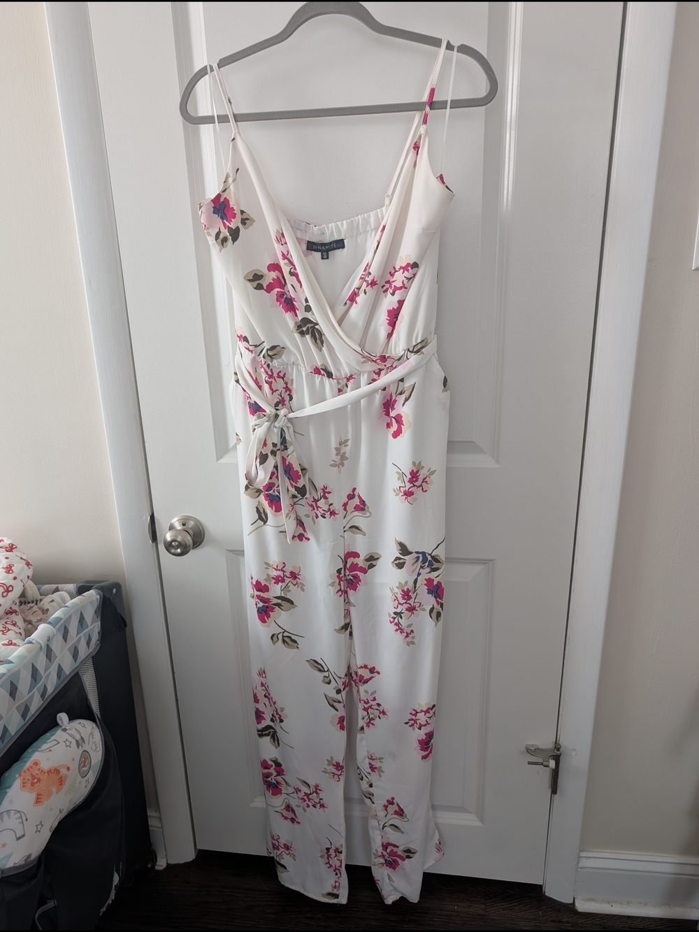 Dynamite White Thin Strap Floral Wrap Jumpsuit with Pink Blooms